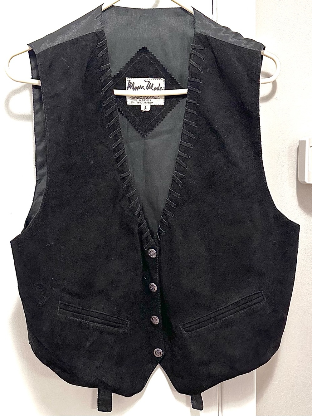 Vintage Mona Mode Genuine Suede Leather Black Whipstitch Button Vest L Pockets